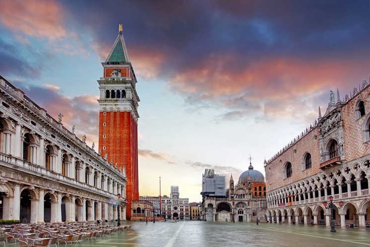 Piazza San Marco at dawn on a cloudy morning.