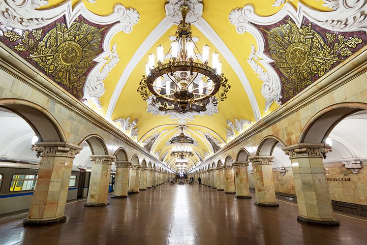 Train at the metro station Komsomolskaya in Moscow, Russia