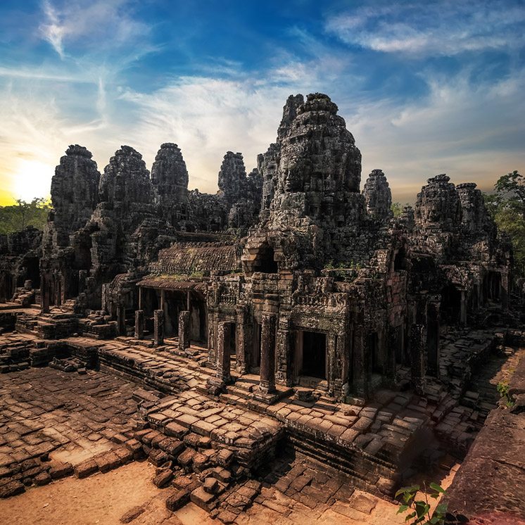 Amazing view of Bayon temple at sunset. Angkor Wat complex, Siem