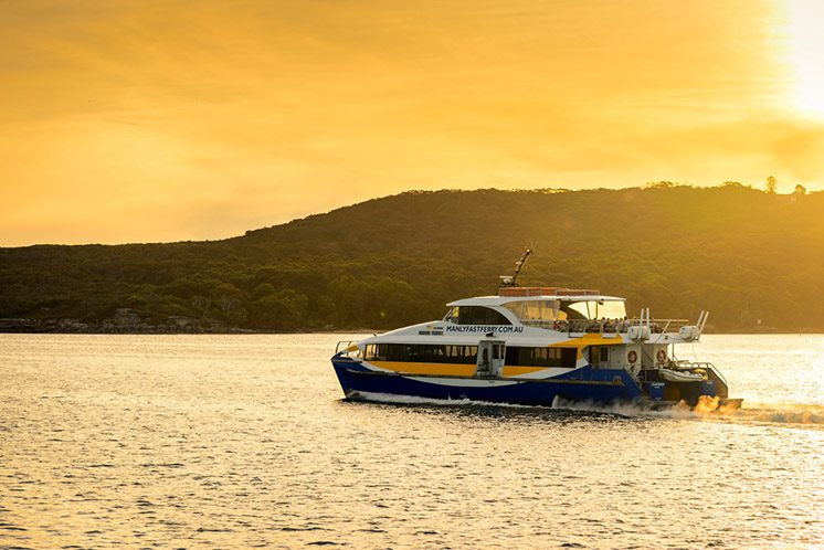 Manly Fast Ferry boat at sunset