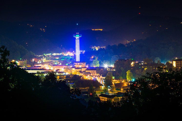 View of Gatlinburg at night, seen from Foothills Parkway in Grea