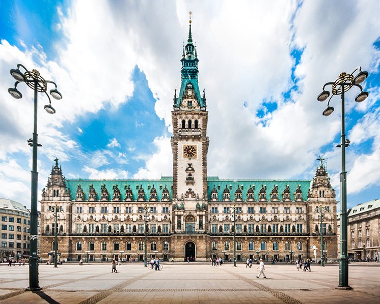 Beautiful view of famous Hamburg town hall with dramatic clouds