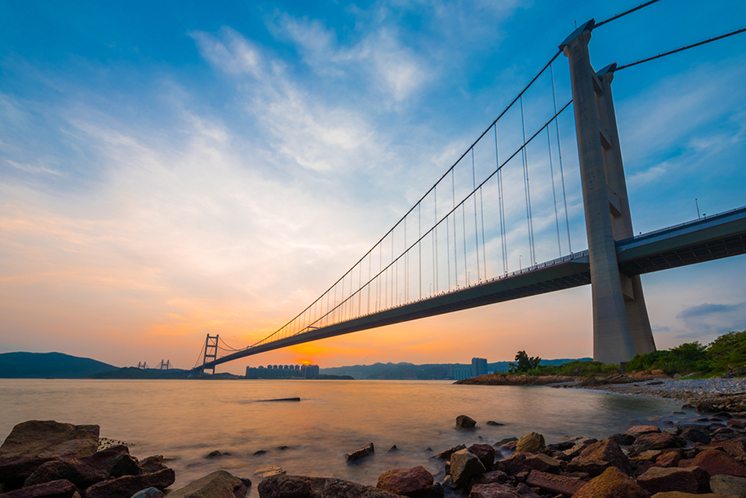 Tsing Ma Bridge of Hong Kong at Sunset