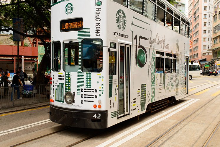 Double-decker tram on street of HK