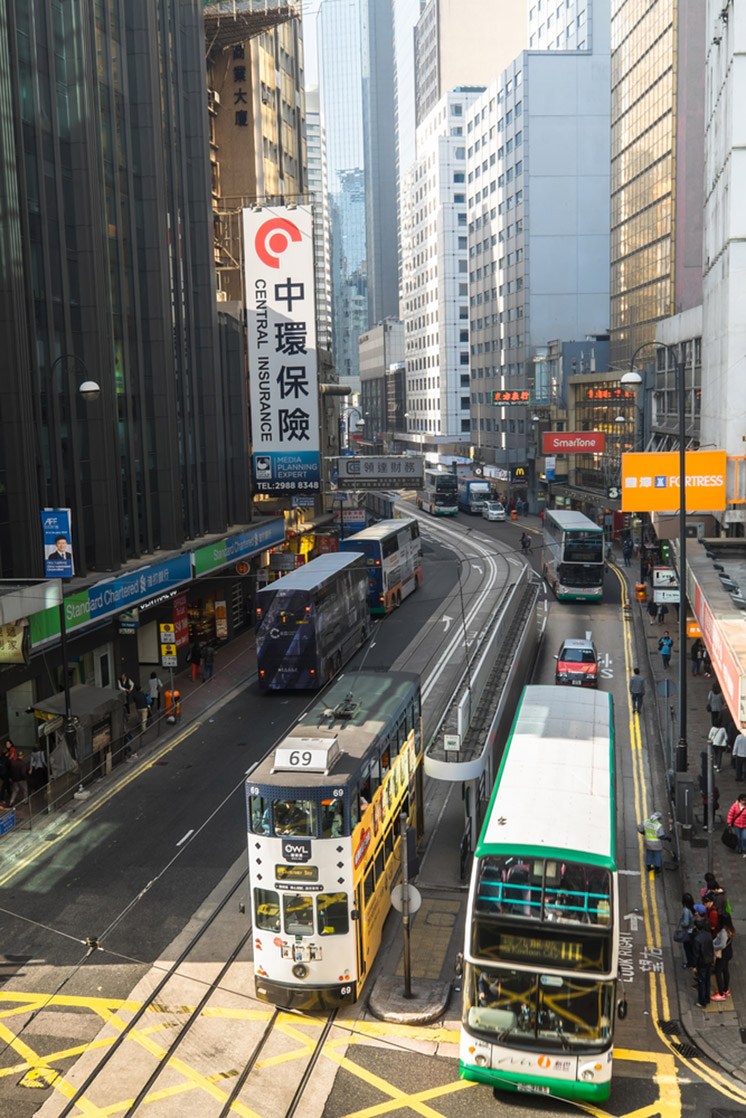 Kong cityscape view with famous trams and buses