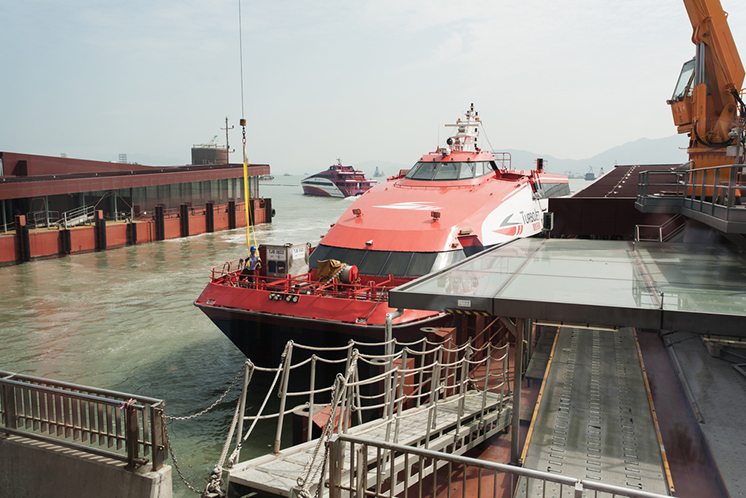 Ferry Turbojet at berth marine terminal Macau.