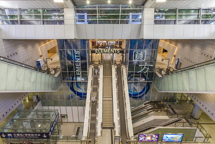 Interior of railway station connected to the Elements shopping mall in Hong Kong