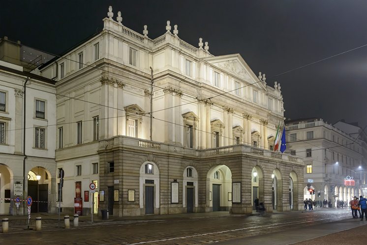 La Scala facade at night at Xmas time, Milan