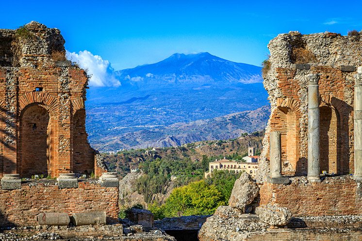View of Mt Etna from Greek Theatre Ruins
