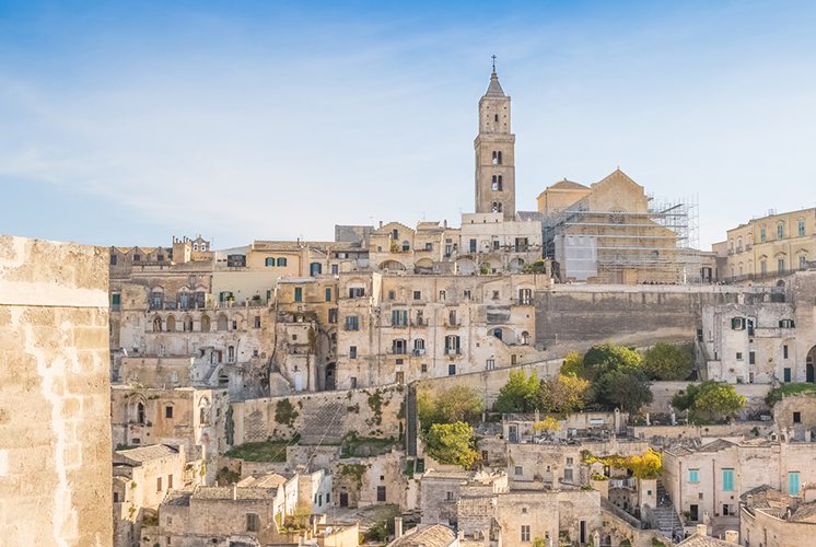 panoramic view of typical stones (Sassi di Matera) and church of
