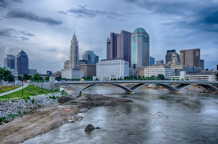 Columbus, Ohio skyline reflected in the Scioto River. Columbus is the capital of Ohio