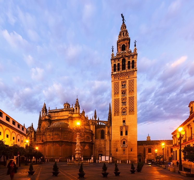 Morning view of Seville Cathedral with Giralda