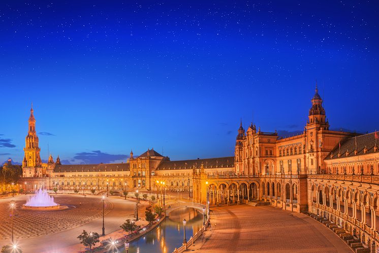 View of Spain Square on sunset, landmark in Renaissance Revival style, Seville, Spain