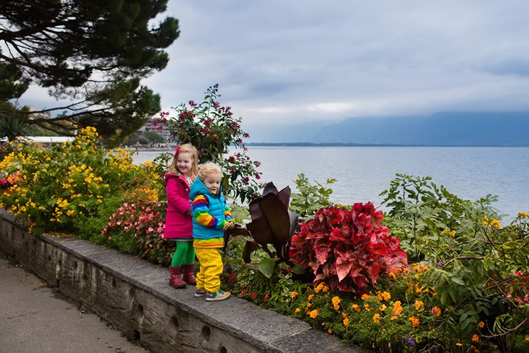 Kids walking in Montreux, Switzerland