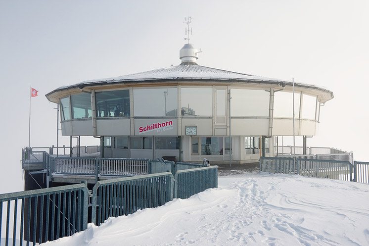 Exterior of the Piz Gloria revolving restaurant circa Murren, Switzerland.