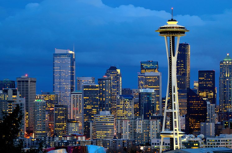 Seattle Space needle at dusk viewed from kerry park