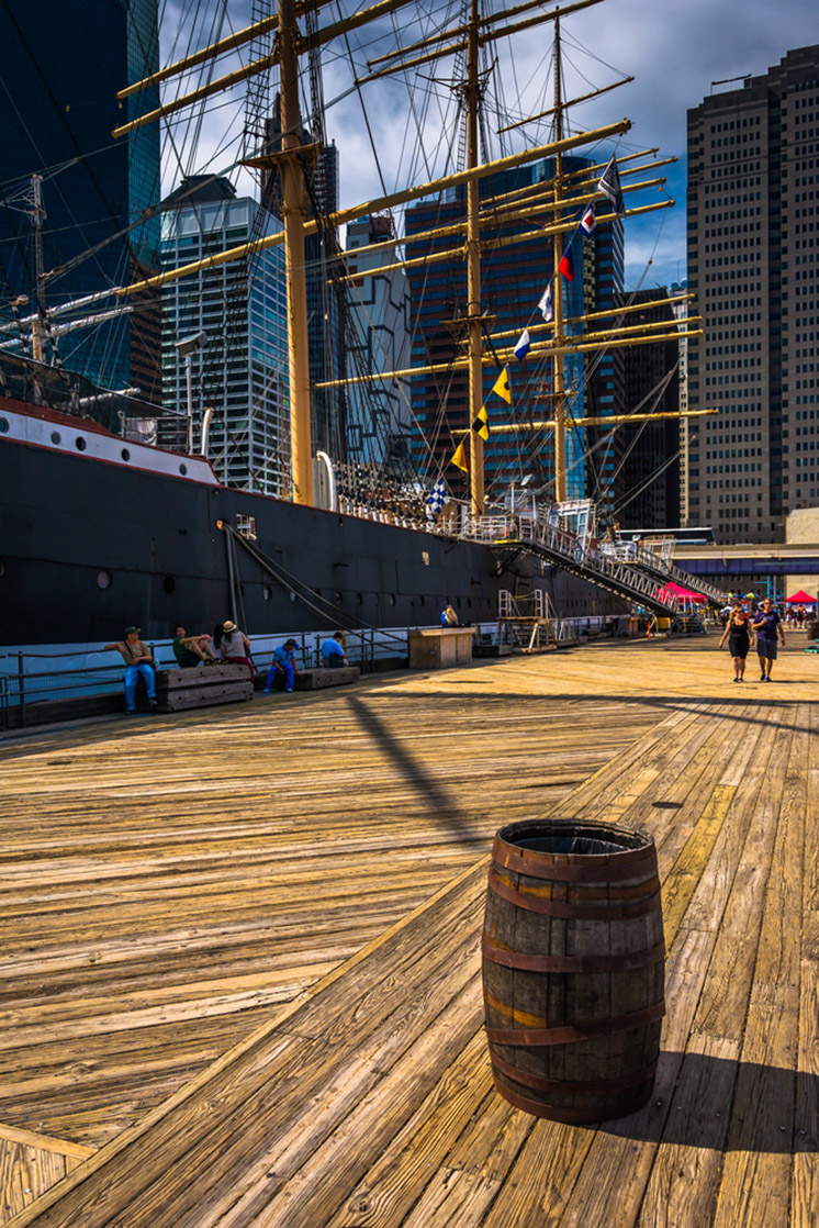 Barrel and ship at Pier 15, at South Street Seaport in Manhattan