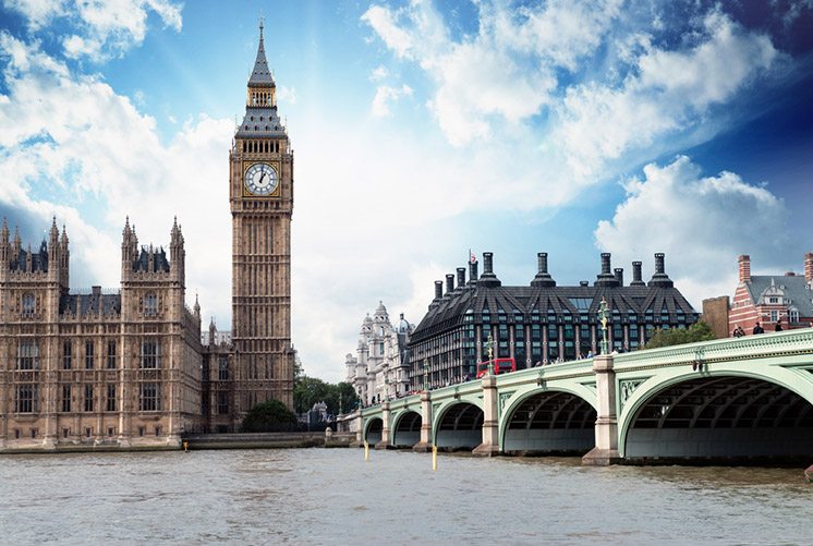 The Big Ben, the Houses of Parliament and Westminster Bridge in
